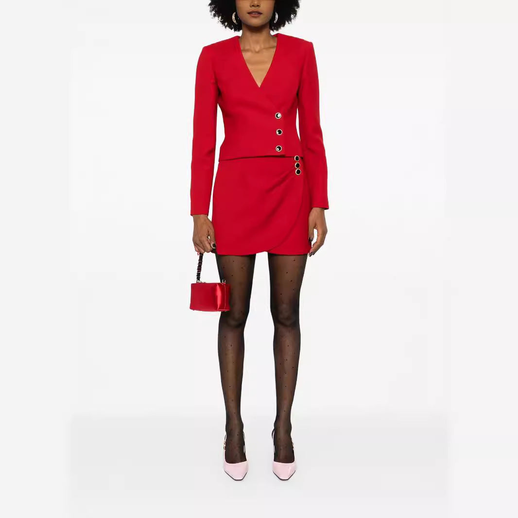 Damen Tailliertes Blazerkleid-Set mit V‑Ausschnitt und asymmetrischer Ösenverzierung Nord Taschen