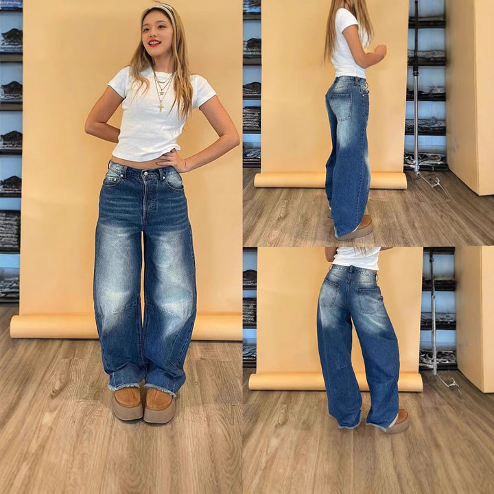 Damen weite Baggy-Jeans mit tiefer Schrittnaht, markanten Knieabnähern und verstärktem Five‑Pocket‑Schnitt Nord Taschen