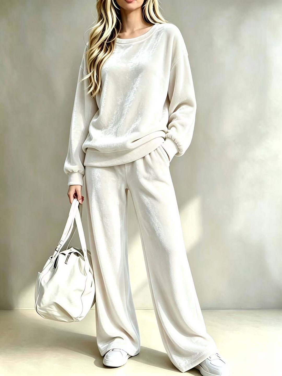 Damen Weiches Velours-Loungewear-Set mit weitem Bein und Rundhalsausschnitt Nord Taschen
