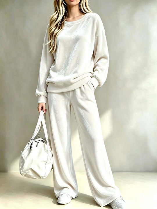 Damen Weiches Velours-Loungewear-Set mit weitem Bein und Rundhalsausschnitt Nord Taschen