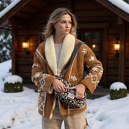 Damen Kurze Velourslederjacke mit Teddyfutter und Zierstickerei Nord Taschen