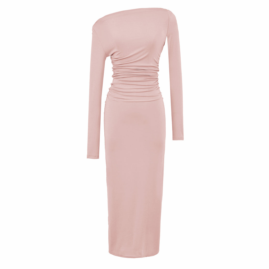 Damen Einschulter-Midikleid mit Langarm und seitlicher Raffung Nord Taschen