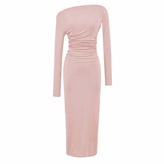 Damen Einschulter-Midikleid mit Langarm und seitlicher Raffung Nord Taschen