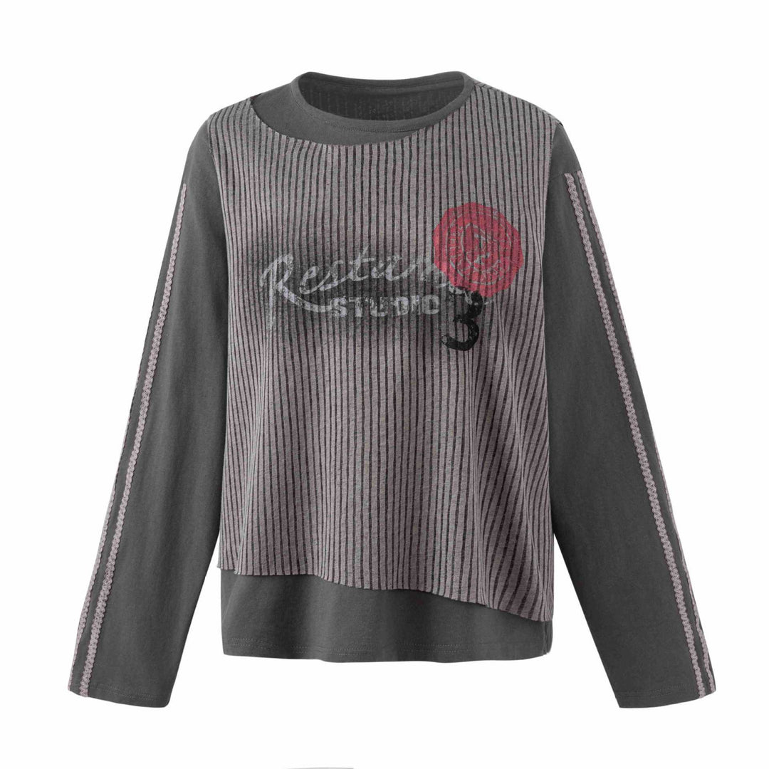 Damen Lässiges Sweatshirt mit gestreiftem Overlay, Ziernähten und Rosenprint Nord Taschen