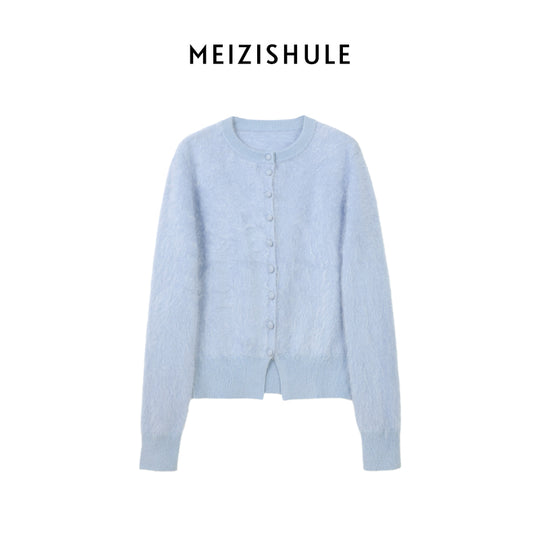 Damen Kuschelige Mohair-Strickjacke mit Rundhalsausschnitt und verdeckter Knopfleiste Nord Taschen