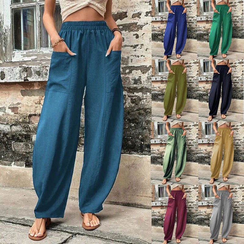 Damen Leichte Leinenhose mit weitem Bein, hohem elastischem Bund und aufgesetzten Taschen Nord Taschen