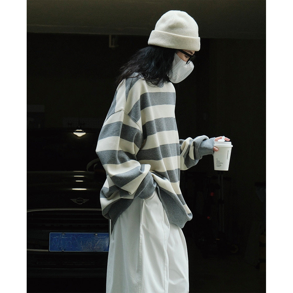 Damen Oversized Baumwollmix-Strickpullover mit breiten Blockstreifen und überschnittener Schulter Nord Taschen