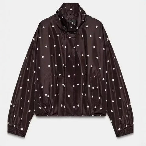 Damen Gepunktete Cropped Blousonjacke mit Stehkragen, elastischem Saum und verdeckter Knopfleiste Nord Taschen