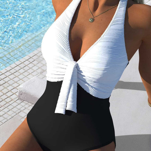 Damen Einteiler Badeanzug mit raffiniertem Wickeldetail und hohem Bund Nord Taschen