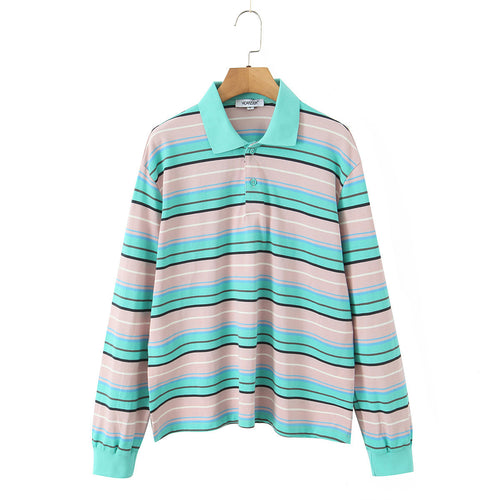 Damen Gestreiftes Poloshirt‑Sweatshirt aus Baumwollmix mit Kontrastkragen und gerippten Bündchen Nord Taschen