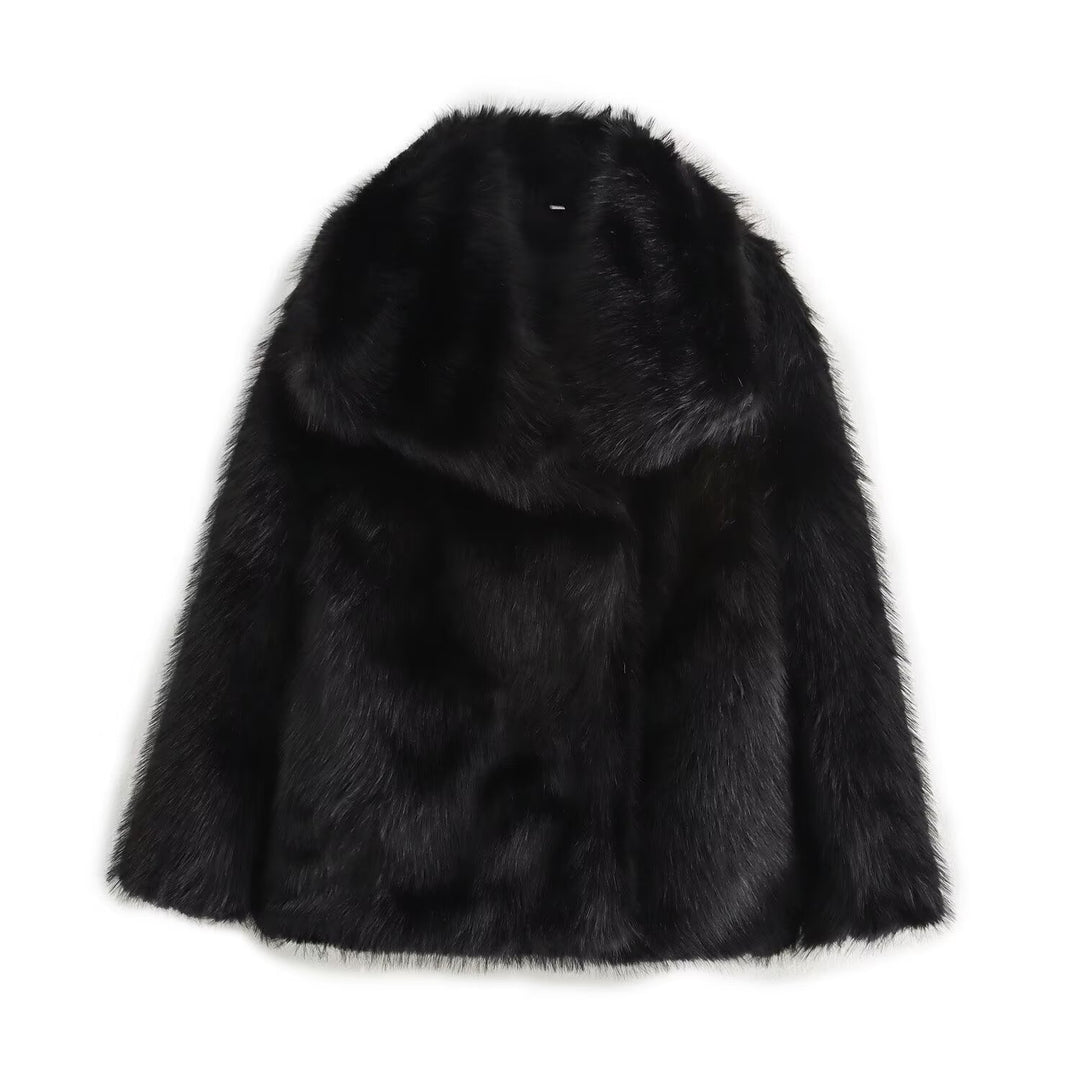 Damen Kurz geschnittener Faux-Fur-Mantel mit voluminösem Schalkragen und geradem Schnitt Nord Taschen