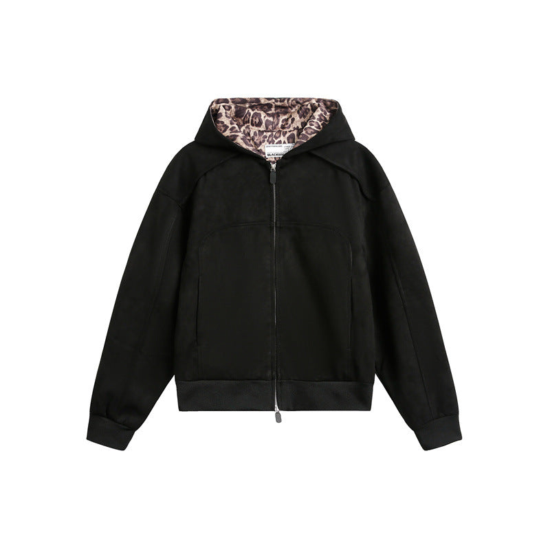 Damen Oversize-Kapuzen-Sweatjacke mit Reißverschluss und gefütterter Leoparden-Kapuze Nord Taschen