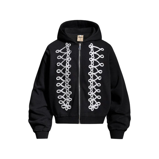 Damen Kapuzen-Sweatjacke mit dekorischer Frogging-Stickerei und durchgehendem Reißverschluss Nord Taschen