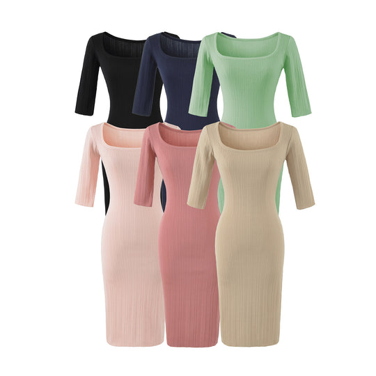 Damen Geripptes Midikleid mit quadratischem Ausschnitt und dreiviertelärmeln Nord Taschen