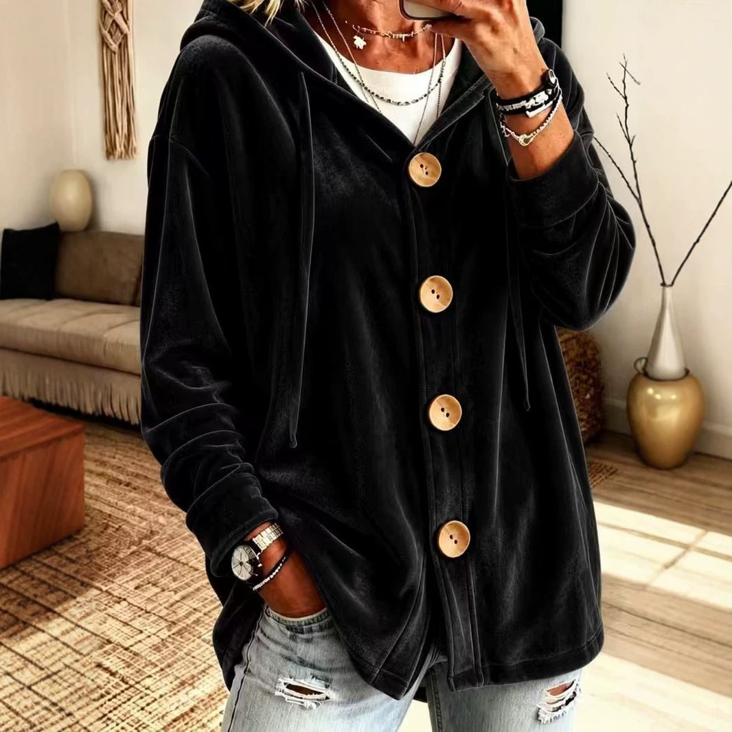 Damen Oversize Kapuzen-Samtjacke mit großen Holzknöpfen und weichem Veloursfutter Nord Taschen