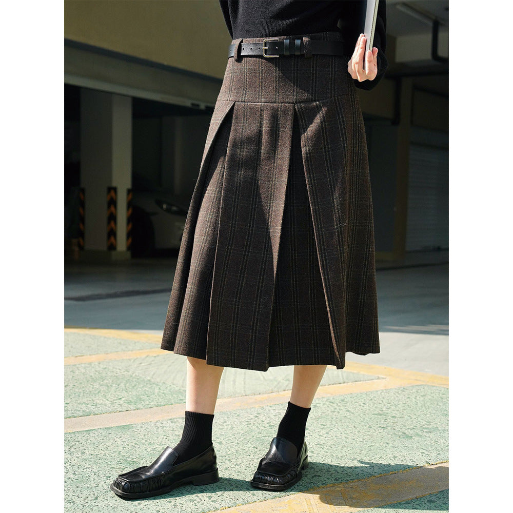 Damen Weite Karierte Culotte‑Hose mit hoher Taille, Bundfalten und fließender Wolloptik Nord Taschen