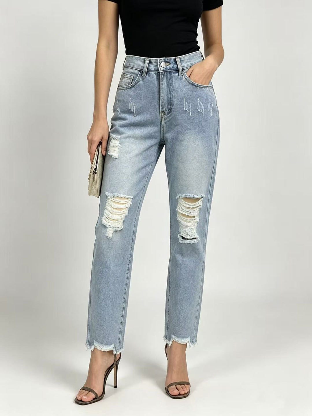 Damen hochgeschnittene Straight Leg Jeans mit gezielten Rissdetails und rohem Knöchelabschluss Nord Taschen