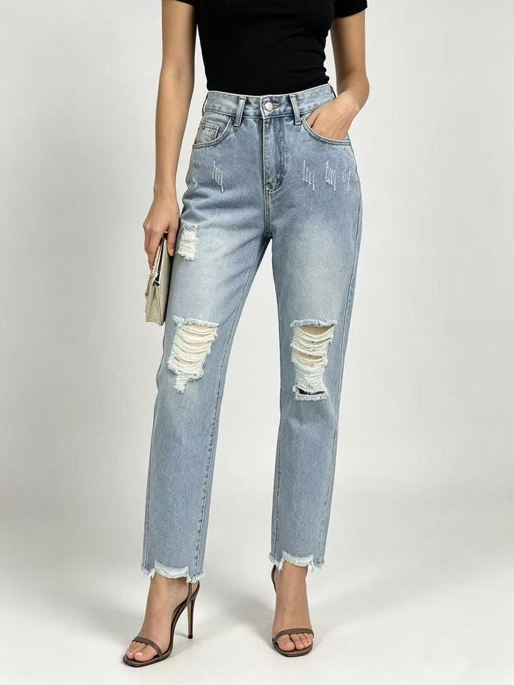 Damen hochgeschnittene Straight Leg Jeans mit gezielten Rissdetails und rohem Knöchelabschluss Nord Taschen