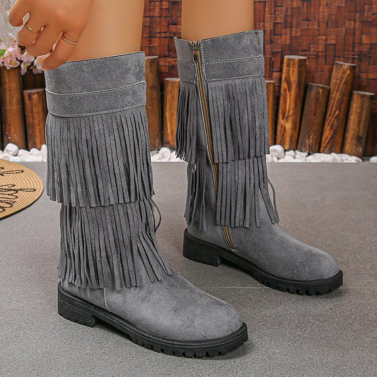Damen Mid‑Calf Fransenstiefel aus Veloursimitat mit mehrlagigen Fransen und profilierter Gummisohle Nord Taschen