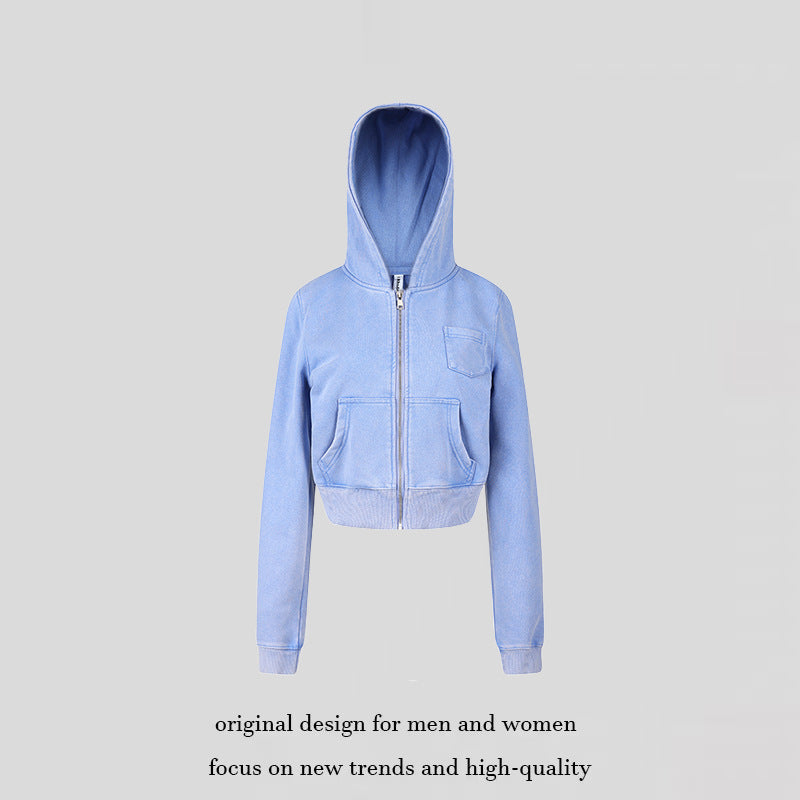 Damen Kurz geschnittene Kapuzen-Sweatjacke mit durchgehendem Reißverschluss im Boxy-Schnitt und Brusttasche Nord Taschen