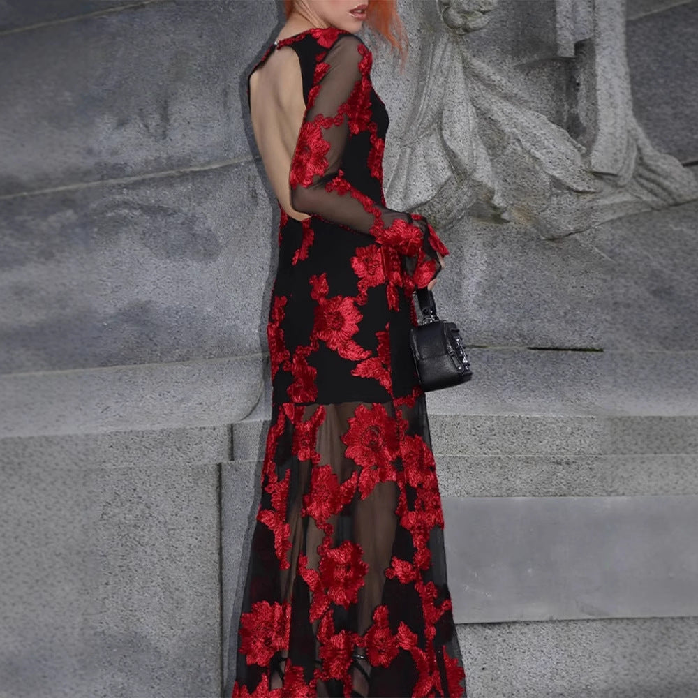 Damen Maxikleid mit transparentem Mesh und floraler Stickerei Nord Taschen
