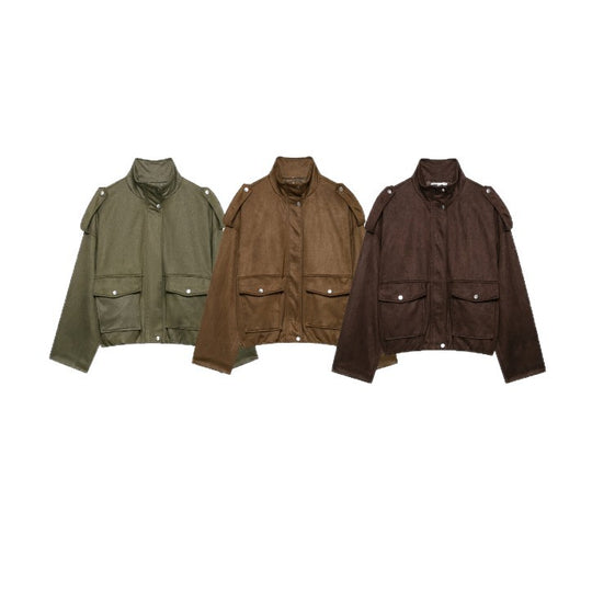 Damen Kurze Wildlederoptik-Fieldjacke mit Stehkragen, Pattentaschen und Schulterklappen Nord Taschen