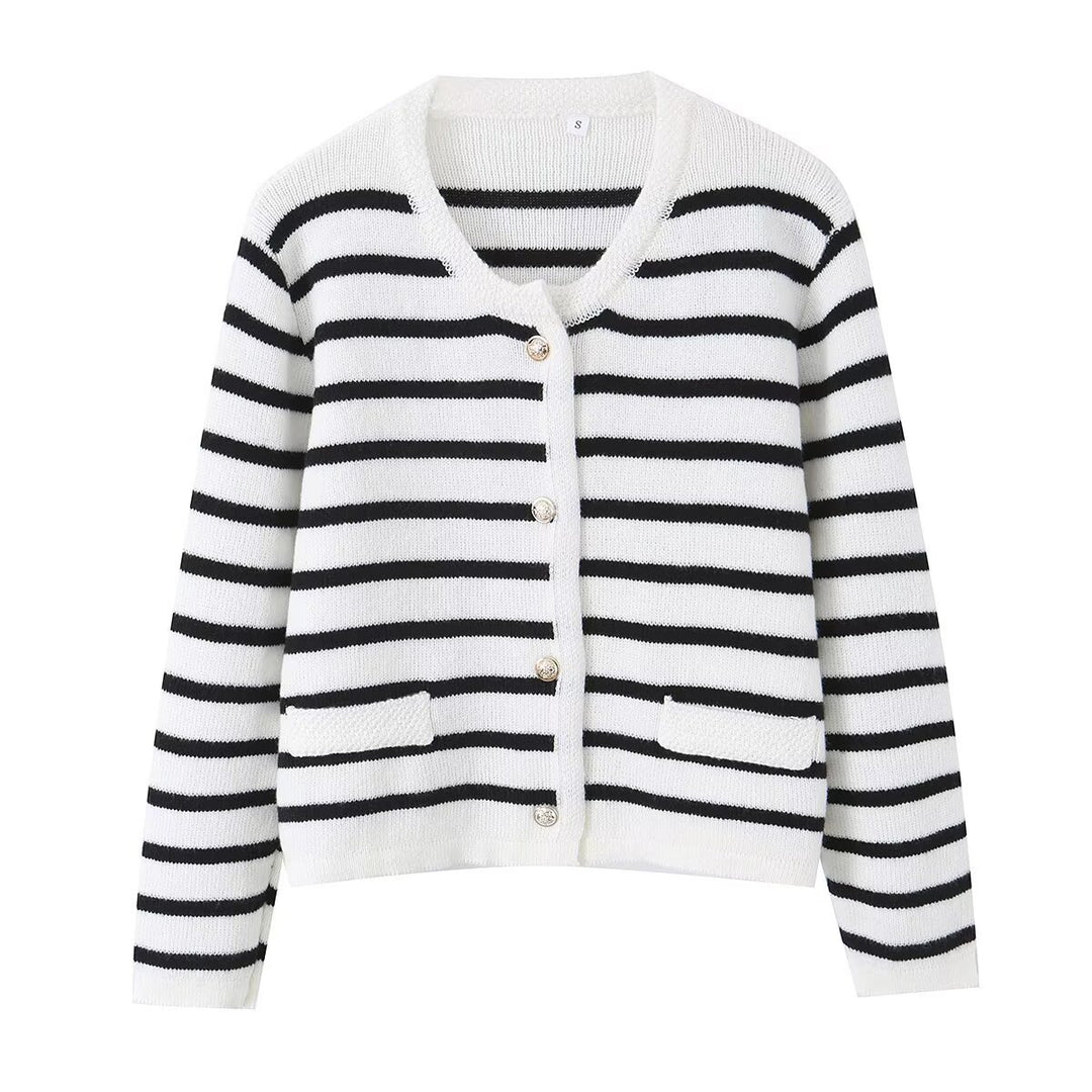 Damen Gestreifte Feinstrick‑Cardigan mit Rundhalsausschnitt, aufgesetzten Taschen und Zierknöpfen Nord Taschen