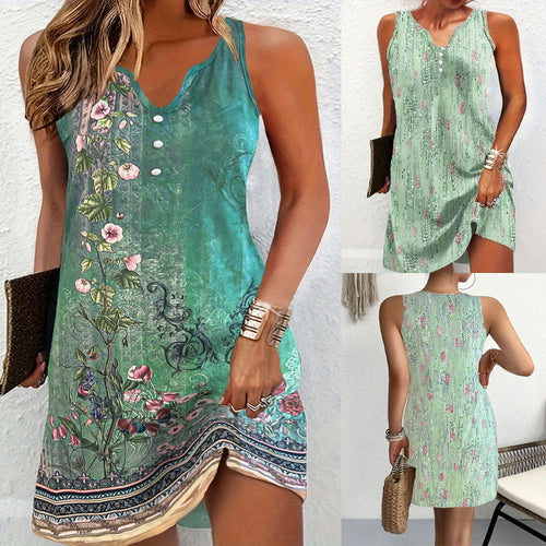 Damen ärmelloses Sommerkleid mit modischem V-Ausschnitt und Knopfdetails