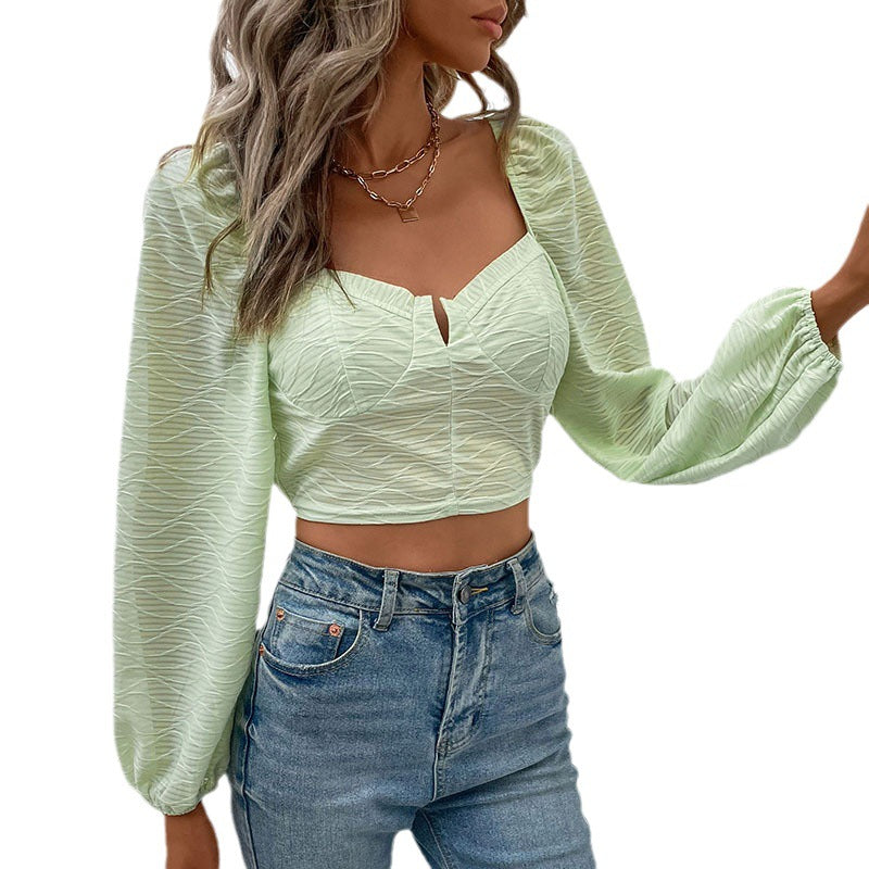 Damen Kurzes Bustier-Cropped-Top mit herzförmigem Ausschnitt, Puffärmeln und strukturierter Chiffonoptik Nord Taschen