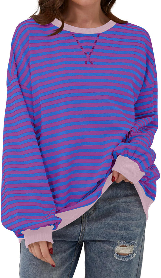 Damen lässiger Oversized Sweatshirt mit bunten Streifen und Kapuzenkordel