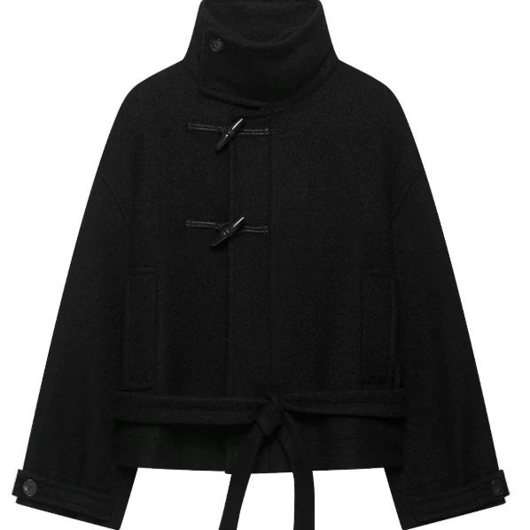 Damen Kurz geschnittener Duffle‑Cape‑Mantel mit hohem Funnelkragen, Knebelverschlüssen und Bindegürtel Nord Taschen