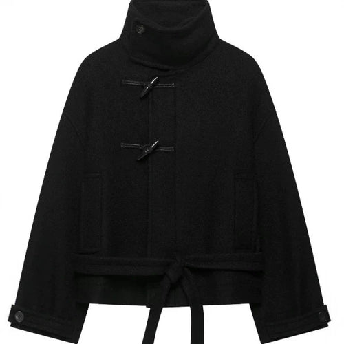 Damen Kurz geschnittener Duffle‑Cape‑Mantel mit hohem Funnelkragen, Knebelverschlüssen und Bindegürtel Nord Taschen