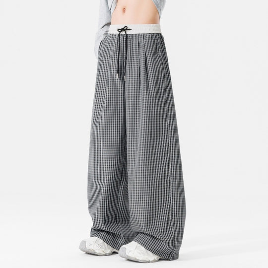 Damen Weite karierte Palazzo-Hose mit elastischem Bund, Tunnelzug & Oversize-Silhouette Nord Taschen