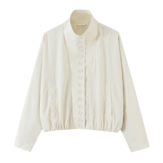 Damen Cropped‑Blousonjacke im minimalistischen Design mit Stehkragen, dekorativer Knopfleiste und elastischem Saumbund Nord Taschen