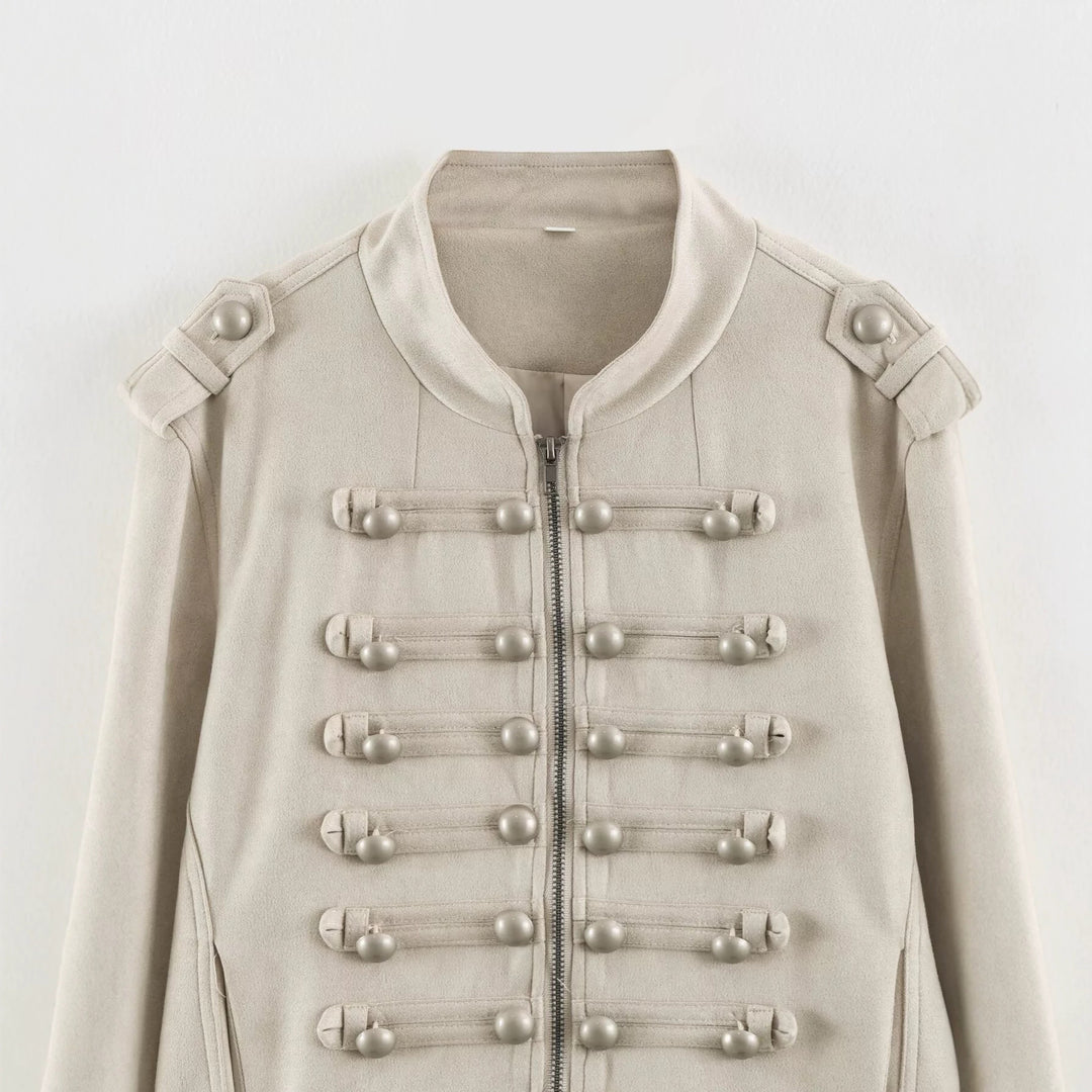 Damen Kurzblouson im Militärlook mit Zierknotenleisten und Stehkragen Nord Taschen