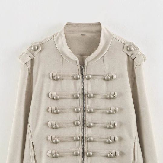 Damen Kurzblouson im Militärlook mit Zierknotenleisten und Stehkragen Nord Taschen