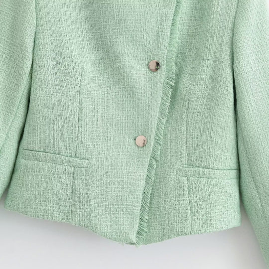 Damen Kurzblazer aus Bouclé‑Tweed mit Stehkragen, Fransenabschluss und taillierter Silhouette Nord Taschen
