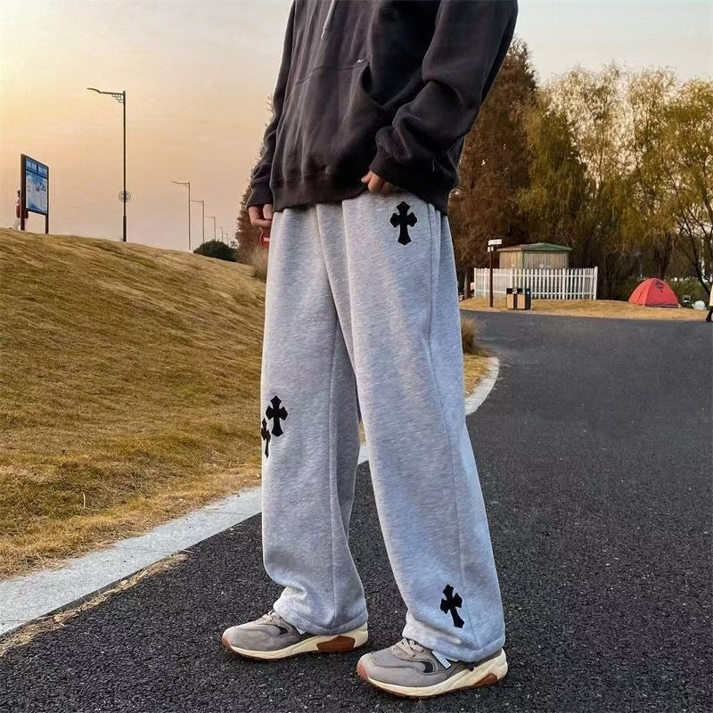 Herren Weite Sweatpants mit Gothic-Kreuz-Print, Tunnelzug & Tiefer Schritt Nord Taschen