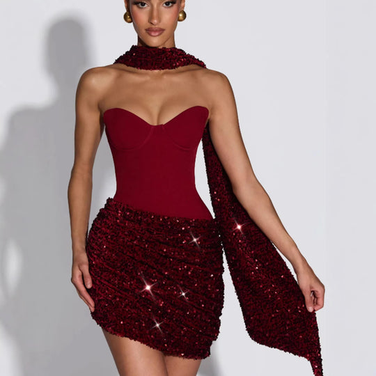 Damen Glamouröses Minikleid mit figurbetontem Bustier-Oberteil und eindrucksvollem Paillettenrock Nord Taschen