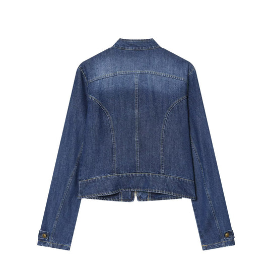 Damen Jeansjacke im Militärstil mit Stehkragen und Zierknopfleiste Nord Taschen