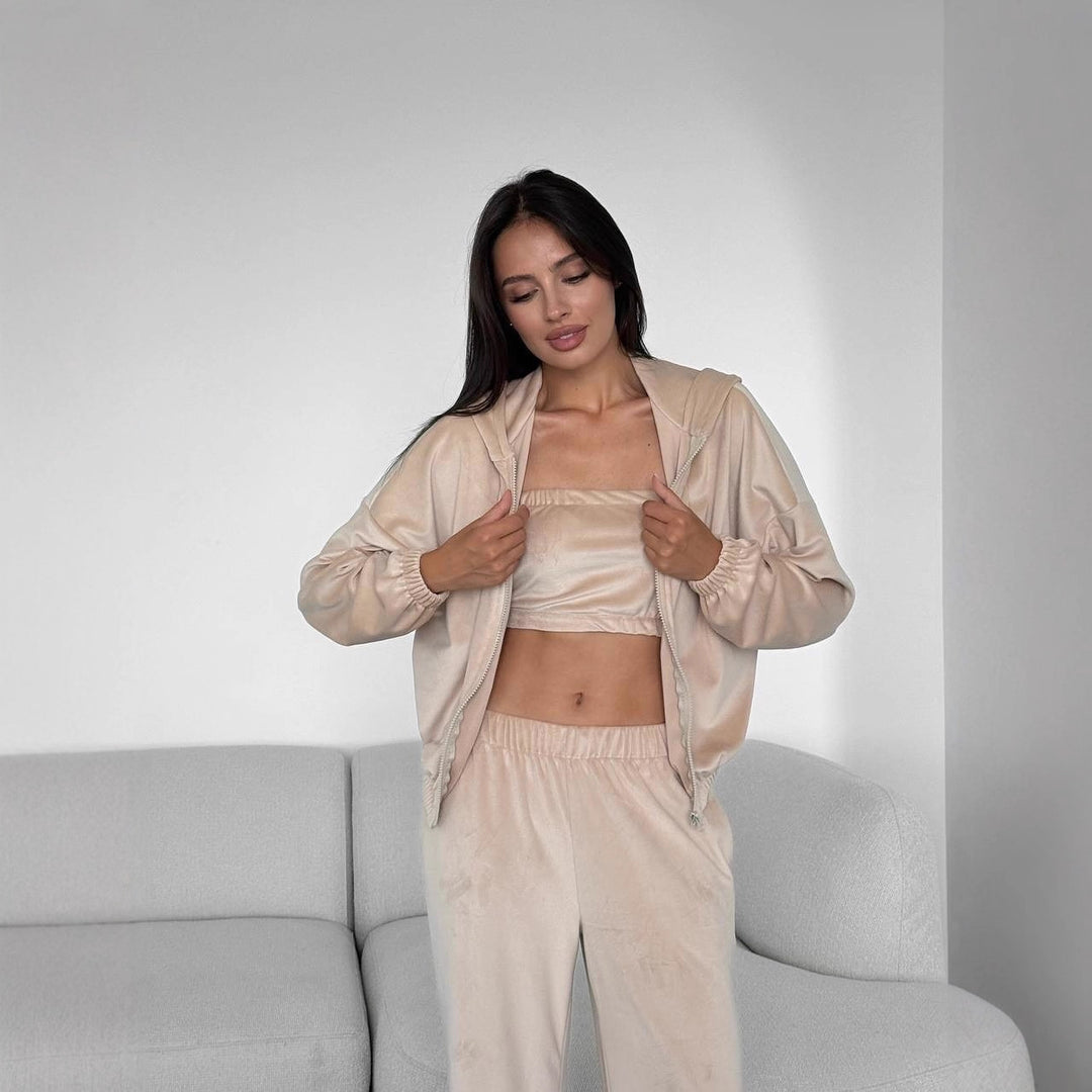 Damen Velours-Loungewear-Set mit Kapuzenjacke, Bandeau-Top und Jogginghose Nord Taschen