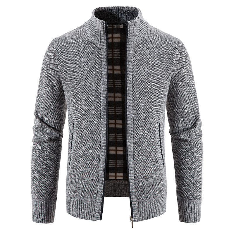Herren Strickjacke mit durchgehendem Reißverschluss, Stehkragen und kariertem Futter Nord Taschen