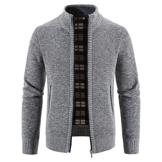 Herren Strickjacke mit durchgehendem Reißverschluss, Stehkragen und kariertem Futter Nord Taschen