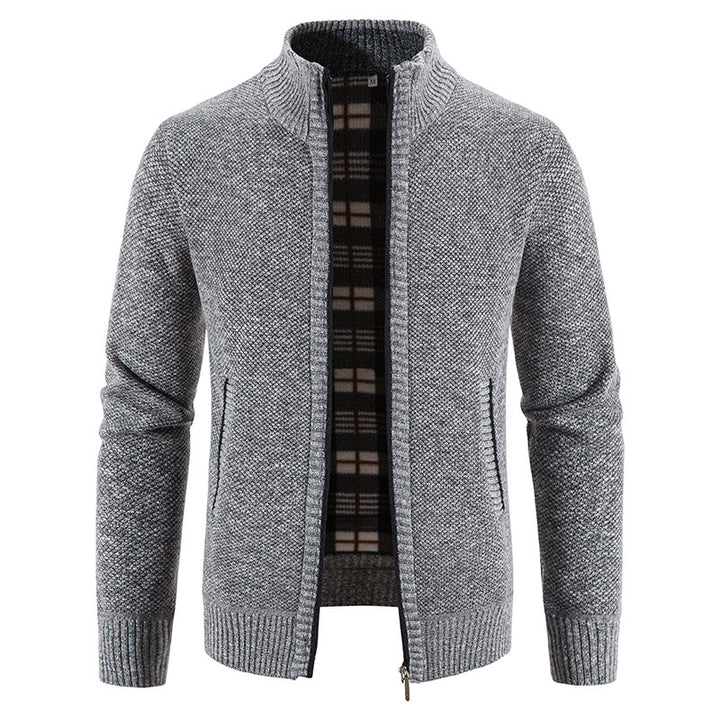 Herren Strickjacke mit durchgehendem Reißverschluss, Stehkragen und kariertem Futter Nord Taschen