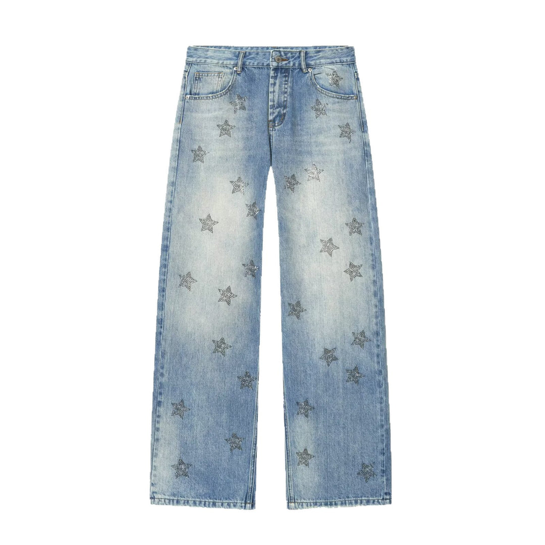 Damen Weite Denim-Jeans mit Sternenbesatz und geradem Bein Nord Taschen