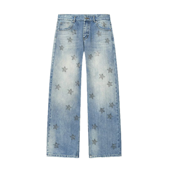 Damen Weite Denim-Jeans mit Sternenbesatz und geradem Bein Nord Taschen