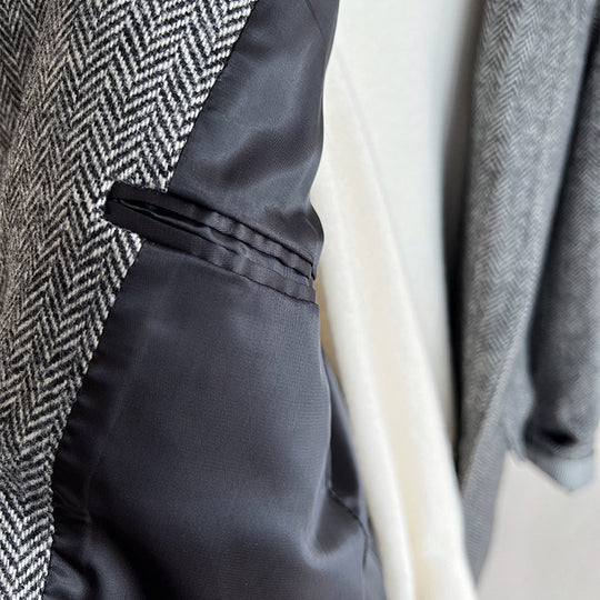 Damen Lockere Wollmix-Blazer im Fischgrät-Tweed mit Kontrast-Ellenbogenpatches Nord Taschen