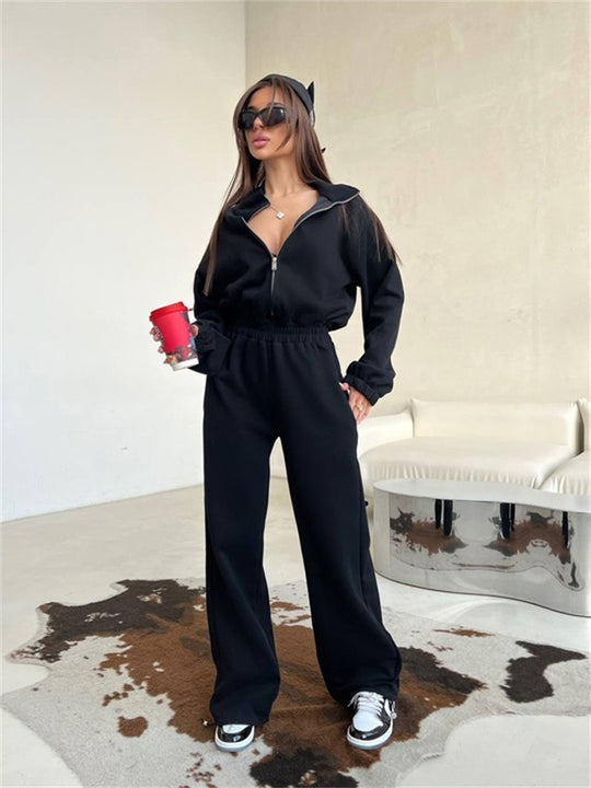 Damen Relaxed-Loungewear-Set mit Halbzip-Stehkragen und hochtaillierter Weitbein-Jogginghose Nord Taschen