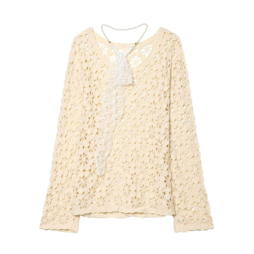 Damen Häkelpullover mit floraler Lochoptik, scallop Saum und zartem Schleifenband Nord Taschen