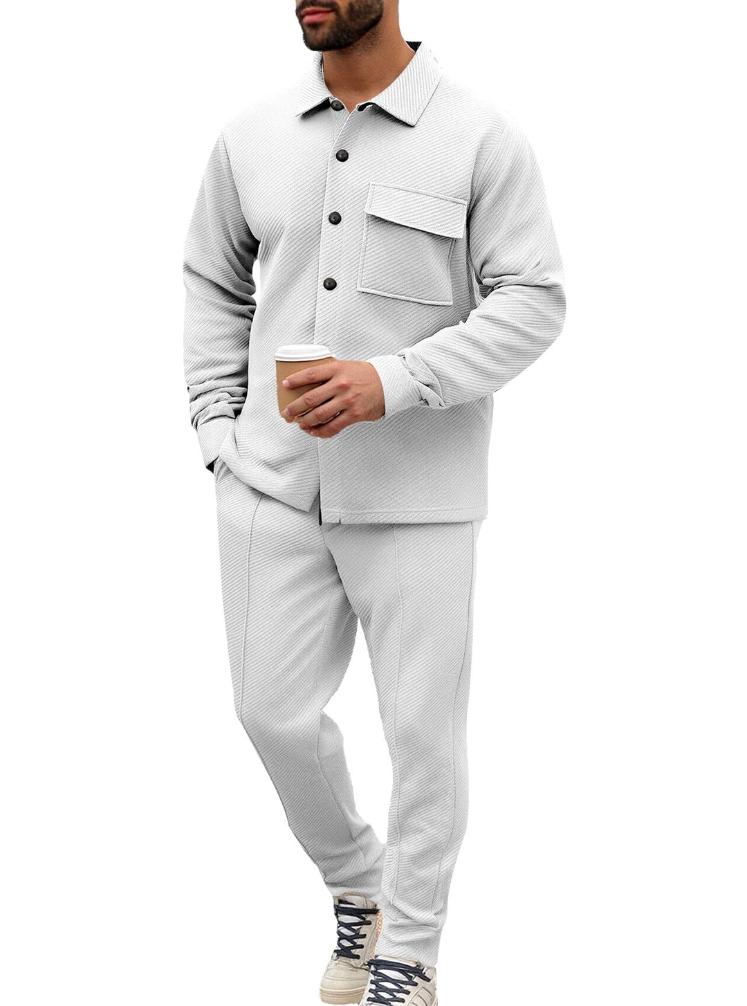 Herren Komfort-Zweiteiler Waffelstruktur-Hemdjacke mit Pattentasche und Relax-Bundhose Nord Taschen